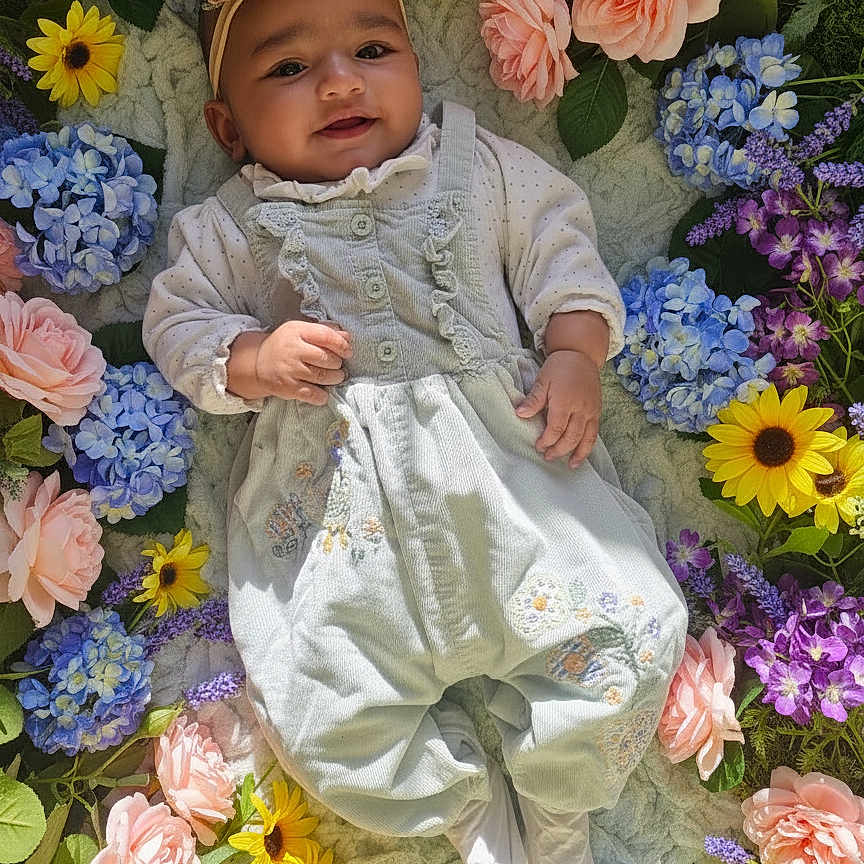 Nuzairah joined the competition — help win amazing prizes! baby, baby_clothes, child, colorful, cute, floral, flower_crown, flowers, garden, greenery, happy, headband, infant, lying_down, nature, outdoor, peaceful, portrait, smiling, soft_light