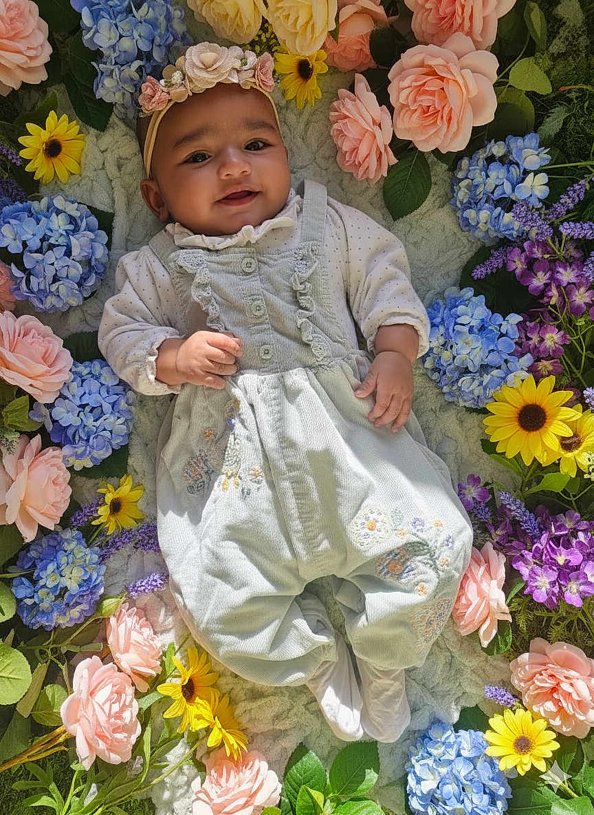 Nuzairah joined the competition — help win amazing prizes! baby, flower_crown, flowers, infant, smiling, cute, outdoor, nature, headband, floral, greenery, portrait, child, colorful, happy, baby_clothes, lying_down, soft_light, garden, peaceful