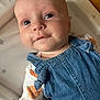 baby, infant, face, denim, clothing, pumpkin, pattern, cushion, star_pattern, cute, child, portrait, apparel, fabric, person, skin, head, eyeball, baby_clothes, lying_down
