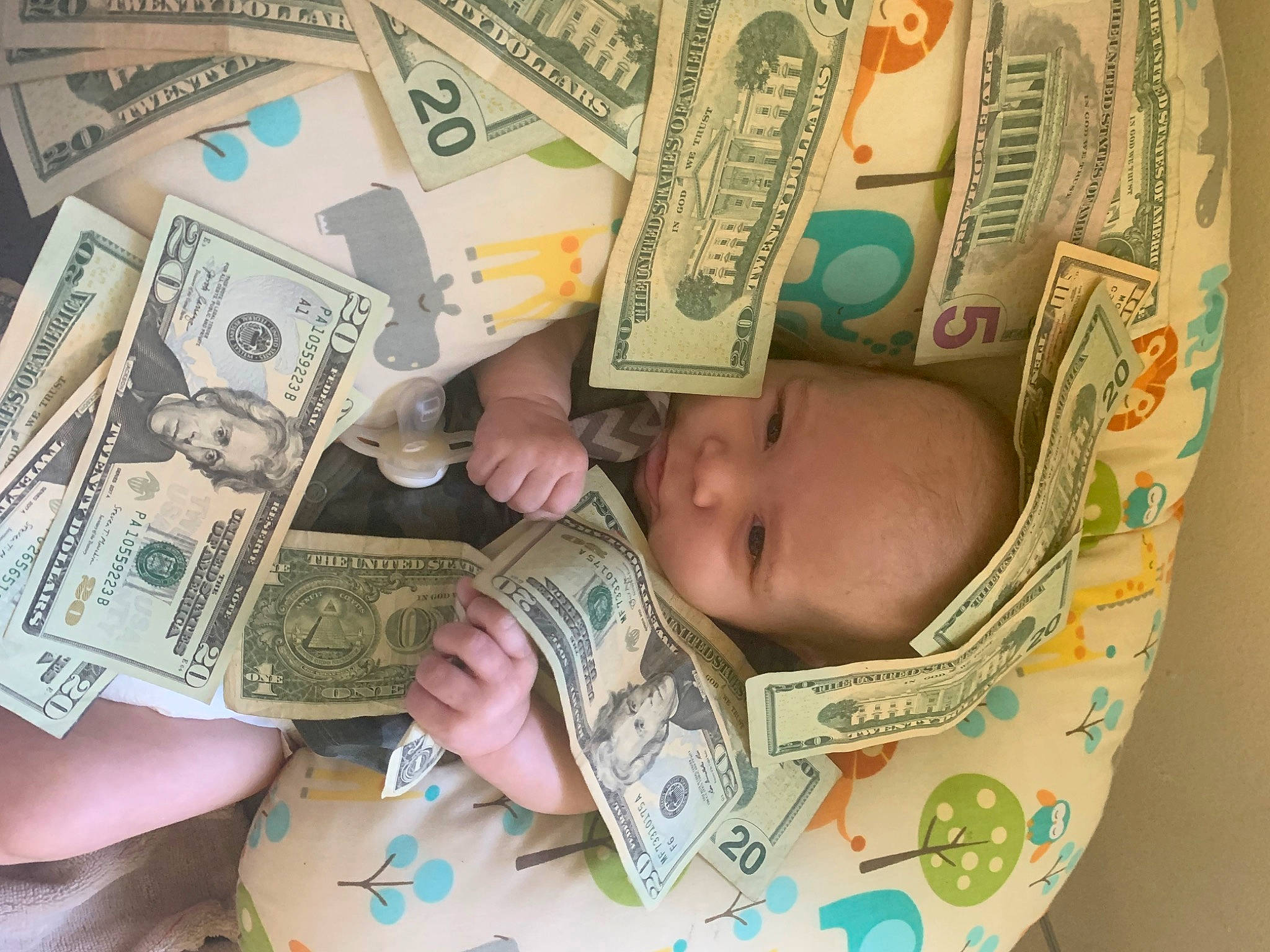 Graysen joined the competition — help win amazing prizes! baby, banknote, cash, currency, dollar, eyelash, finger, font, green, money, money_handling, paper, paper_product, person, publication, room, saving, thumb, toddler