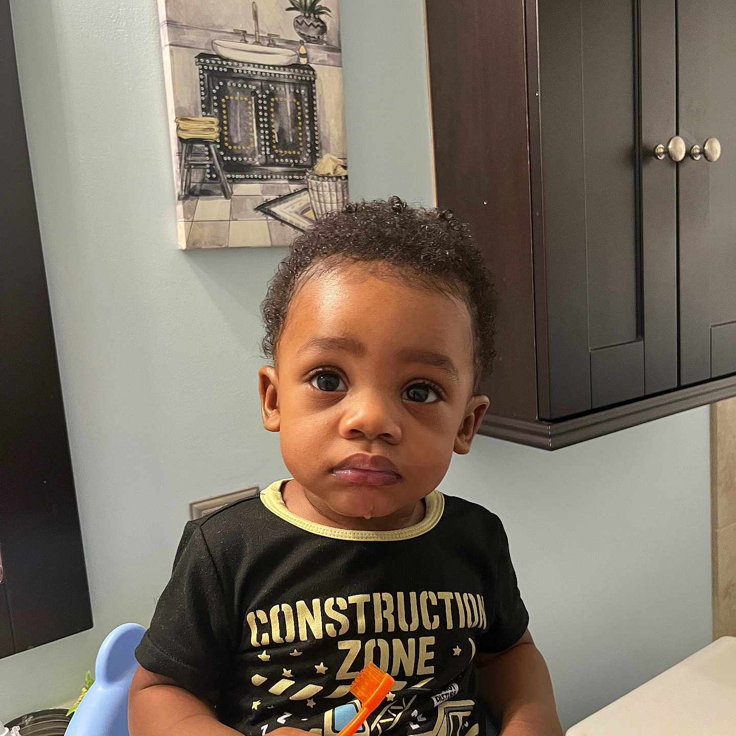 Danzir joined the competition — help win amazing prizes! bathroom, black_shirt, blue_chair, cabinet, child, construction_zone, curly_hair, facial_expression, furniture, holding_object, indoor, mirror, painting, person, plumbing, potty, sink, toddler, toothbrush, young_child