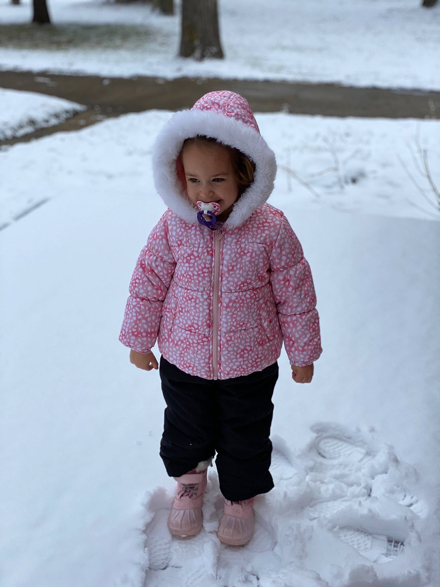 Maria is registered to the contest to win money with this photo: baby_toddler_clothing, cheek, child, freezing, fun, headgear, hoodie, outerwear, person, pink, play, playing_in_the_snow, skin, snow, standing, sweater, toddler, vacation, white, winter