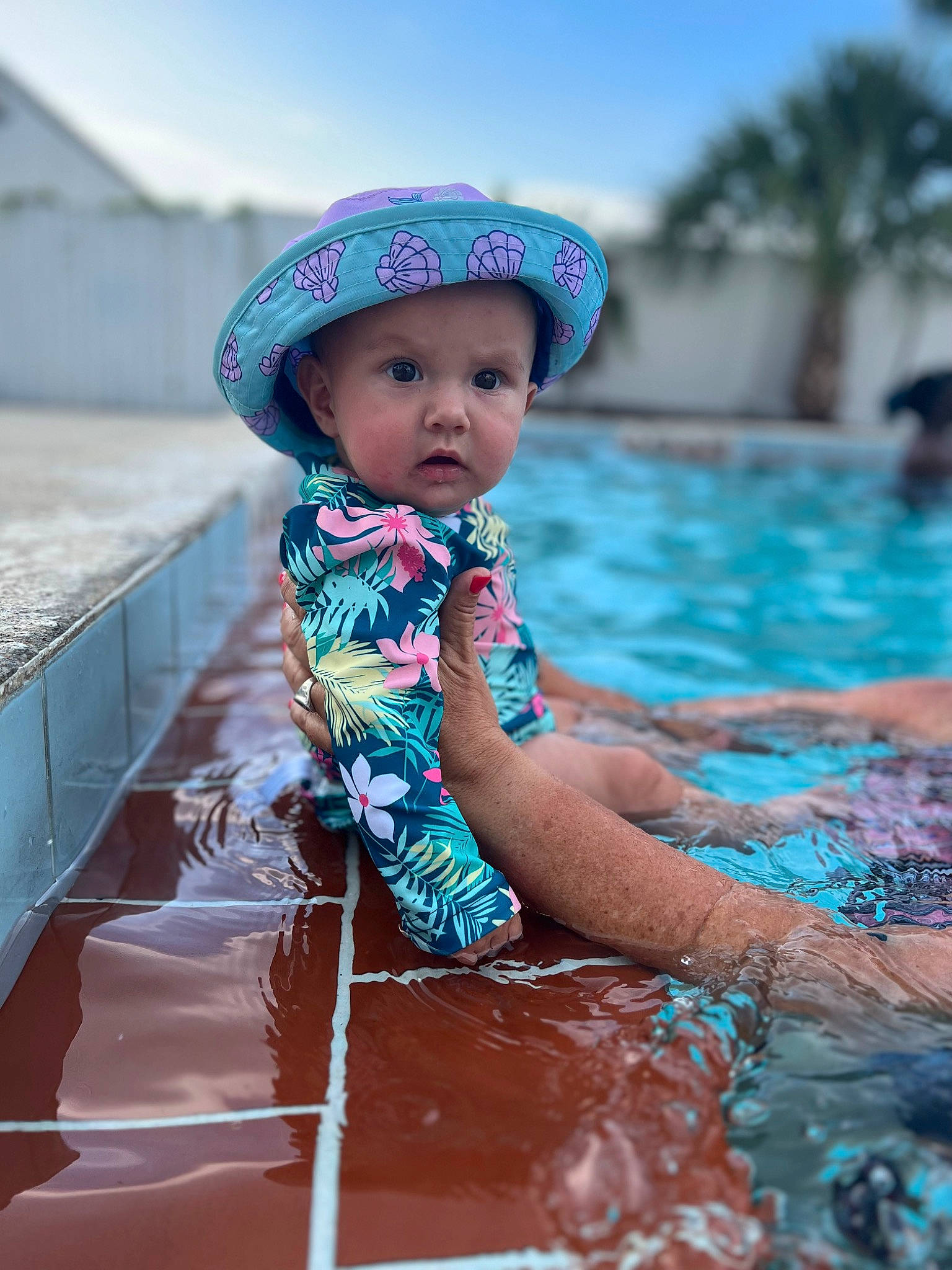 Eleanor joined the competition — help win amazing prizes! aqua, azure, bathing, beauty, cap, child, fun, happy, hat, headgear, headwear, leisure, person, pink, recreation, sky, summer, sun_hat, surprise, swimming_pool