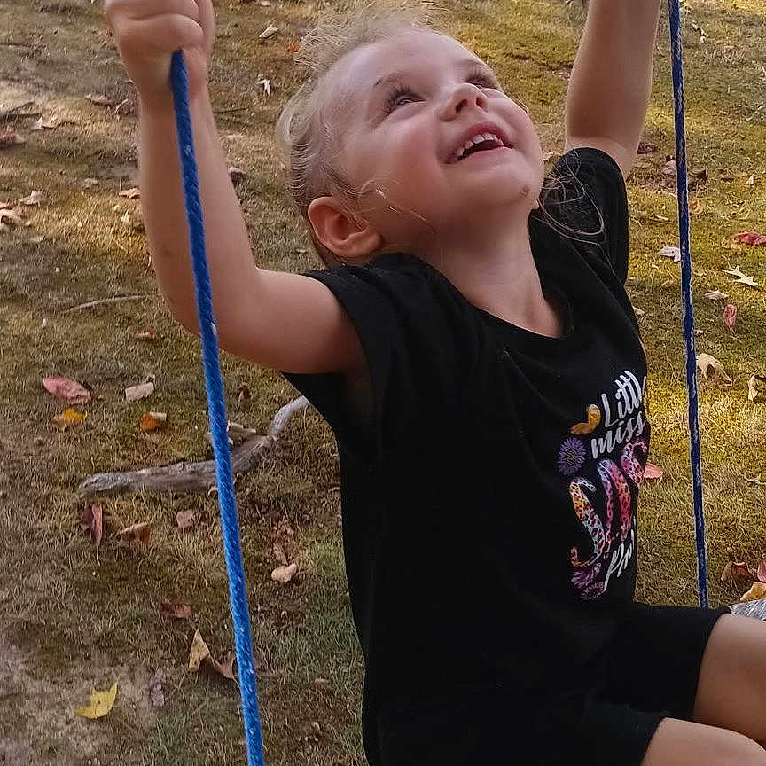 Lilly Mei joined the competition — help win amazing prizes! autumn, black_clothing, child, daylight, dog, fun, grass, happy, leaves, nature, outdoor, person, play, recreation, rope, smile, swing, tree, wood, yard