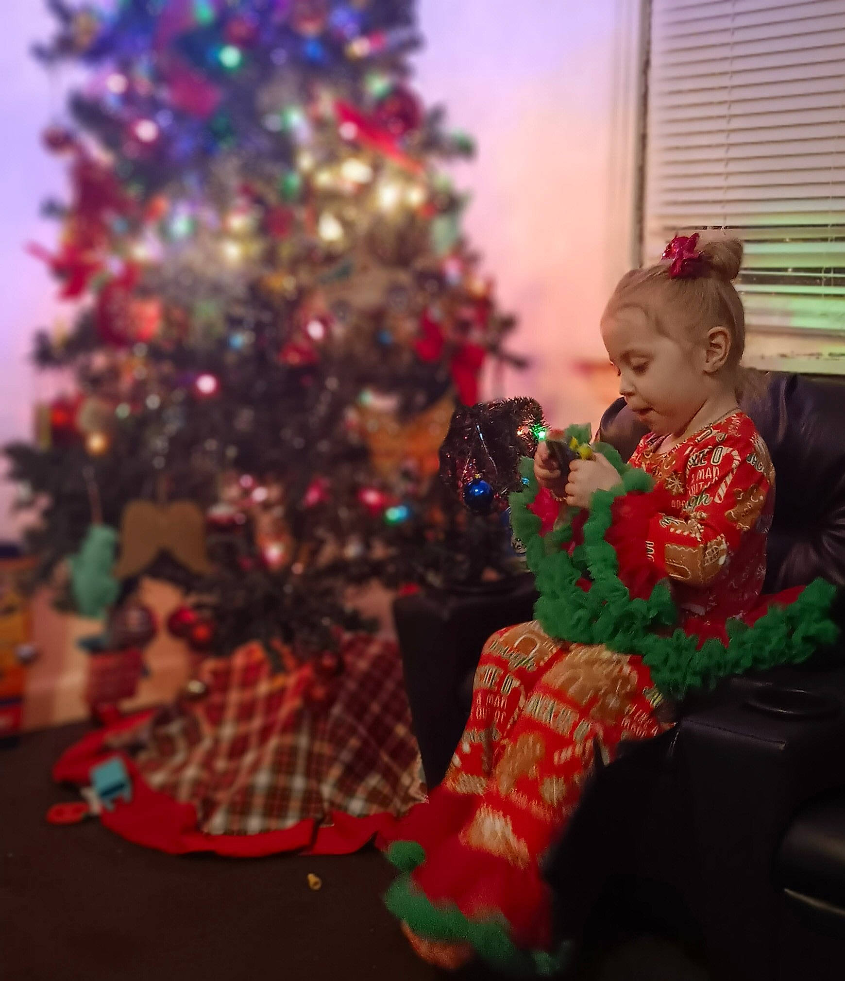 Cecilia is registered to the contest to win money with this photo: christmas, christmas_decoration, christmas_ornament, christmas_tree, event, evergreen, fun, happy, holiday, holiday_ornament, lap, ornament, person, plant, standing, tartan, toy, tradition, tree, window