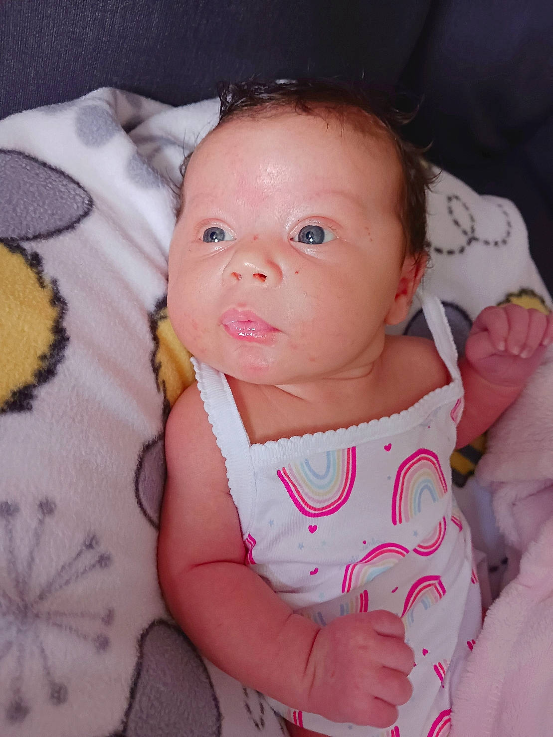 Presleigh joined the competition — help win amazing prizes! baby, baby_toddler_clothing, cheek, child, chin, comfort, dress, eye, eyelash, finger, hand, iris, lip, nose, pattern, person, pink, skin, sleeve, textile