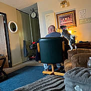 Snookie is registered to the contest to win money with this photo: carpet, chair, clock, collar, couch, desk, dog, door, furniture, home, indoor, lamp, man, mirror, painting, person, pet, room, sweater, wall