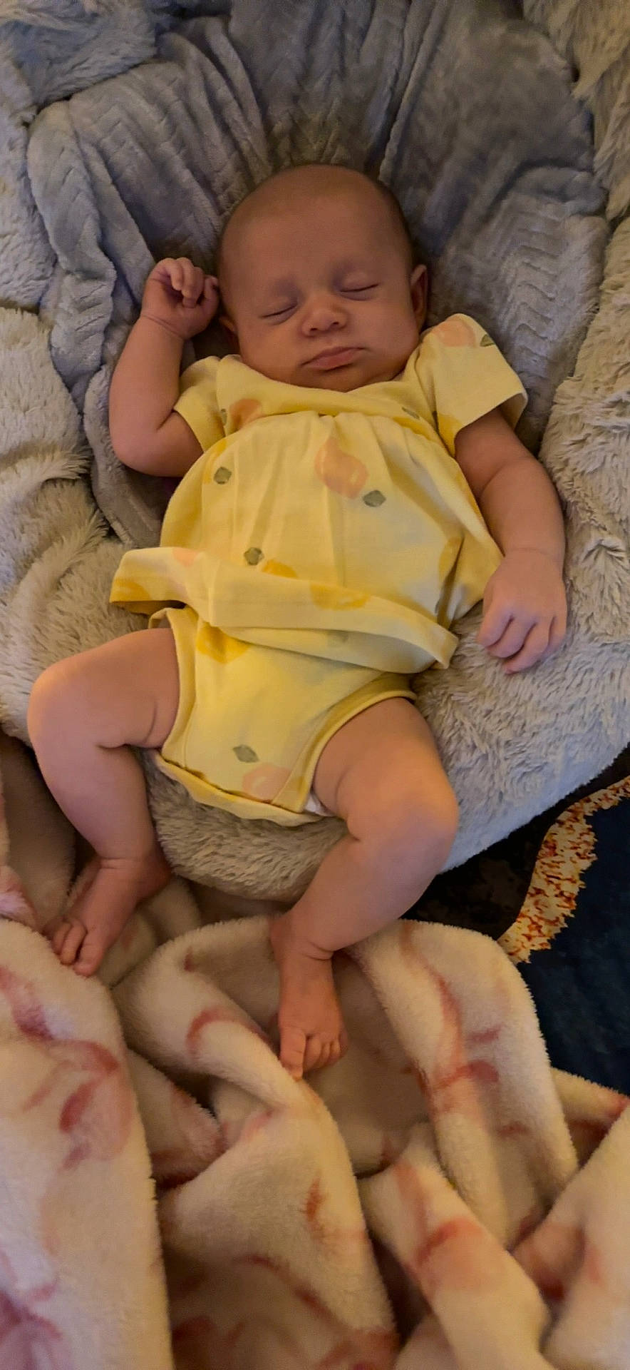 baby, blanket, child, comfort, cozy, cute, fabric, feet, indoors, infant, peaceful, person, plush, relaxing, resting, sleep, sleeping, soft_texture, toddler, yellow_outfit