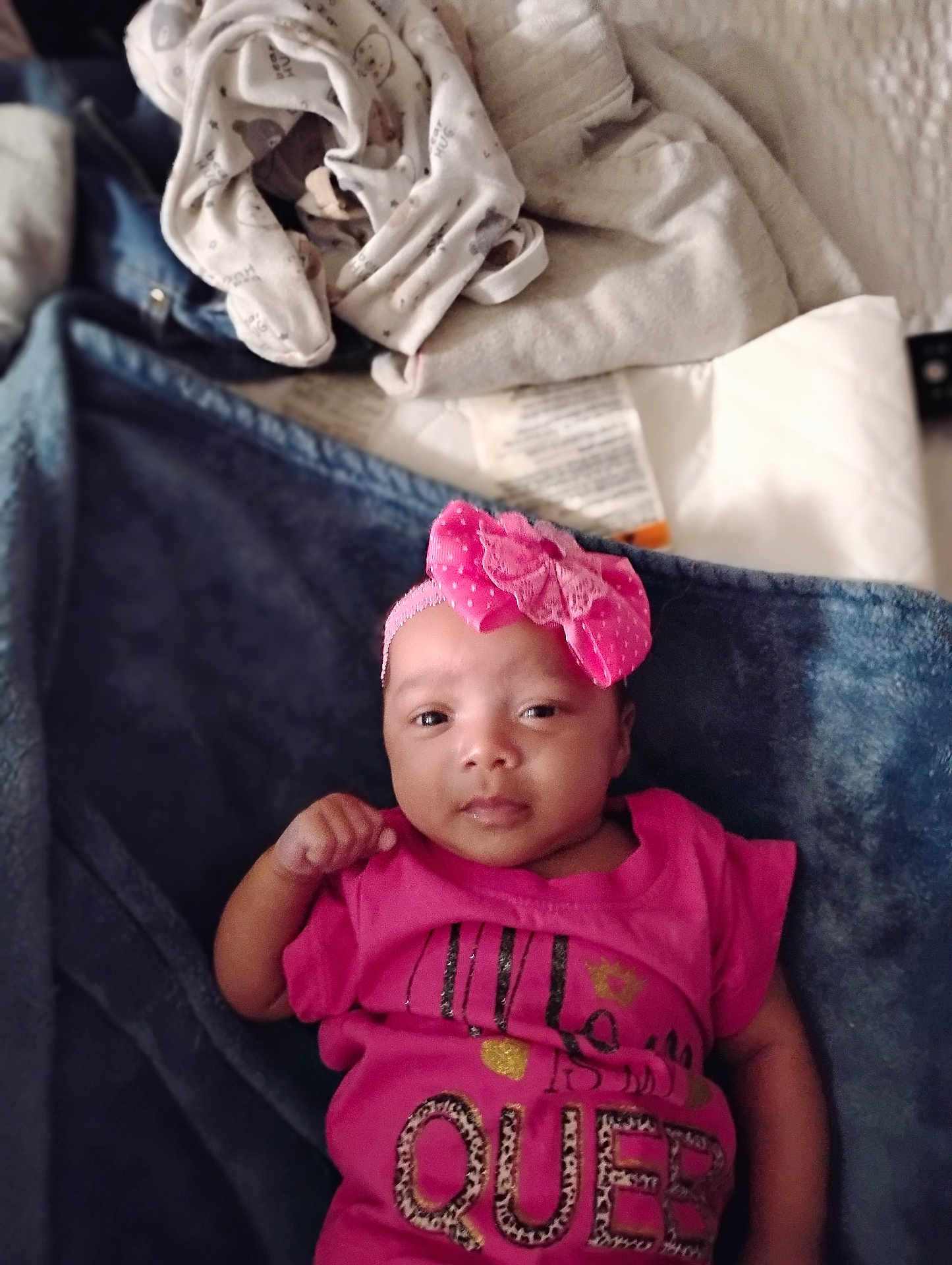 Anyaha joined the competition — help win amazing prizes! adorable, baby, blanket, bow, child, clothing, cute, eyes, fabric, face, headband, indoor, infant, lying_down, pink_clothing, portrait, resting, small_hand, soft_texture, young