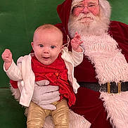 Mavis is registered to the contest to win money with this photo: baby, beard, celebration, chair, child, christmas, festive, glasses, gloves, gold_leggings, green_background, happy, holiday, indoor, people, portrait, red_dress, santa_claus, smiling, white_jacket