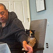 Minerva is registered to the contest to win money with this photo: calico_cat, casual, cat, chair, domestic, door, electrical_outlet, expression, furniture, gray_wall, home, hoodie, indoor, man, person, pet, seated, table, tongue_out, wall_art