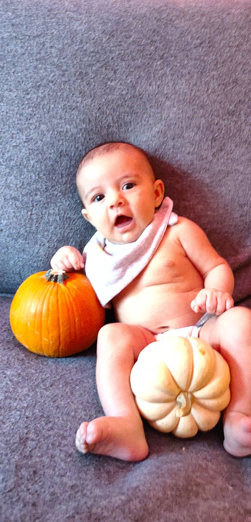 Ezio is registered to the contest to win money with this photo: arm, baby_toddler_clothing, calabaza, eye, face, finger, hand, iris, leg, mouth, muscle, orange, organ, person, plant, product, pumpkin, skin, smile, toddler
