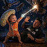 action, animal, baby, battle, child, fantasy, forest, full_moon, glow, magic, man, night, orange_clothing, outdoor, owl, pacifier, police_officer, smile, surprise, tattoo