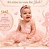 baby, girl, ballerina, pink_dress, headband, tutu, smiling, cute, portrait, infant, soft_background, clouds, hearts, sparkles, ballet_shoes, decorations, joyful, celebration, text_overlay, invitation