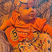 Aurora joined the competition — help win amazing prizes! baby, infant, blue_eyes, headband, bow, orange_clothing, floral_pattern, milestone_card, 5_months, blanket, sitting, cute, child, portrait, indoors, soft_texture, foot, curious, person, smiling