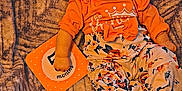 Aurora joined the competition — help win amazing prizes! baby, infant, child, milestone_card, orange_clothing, floral_pants, headband, bow, blanket, texture, lying_down, blue_eyes, bare_feet, cute, portrait, indoors, person, smiling, early_childhood, colorful