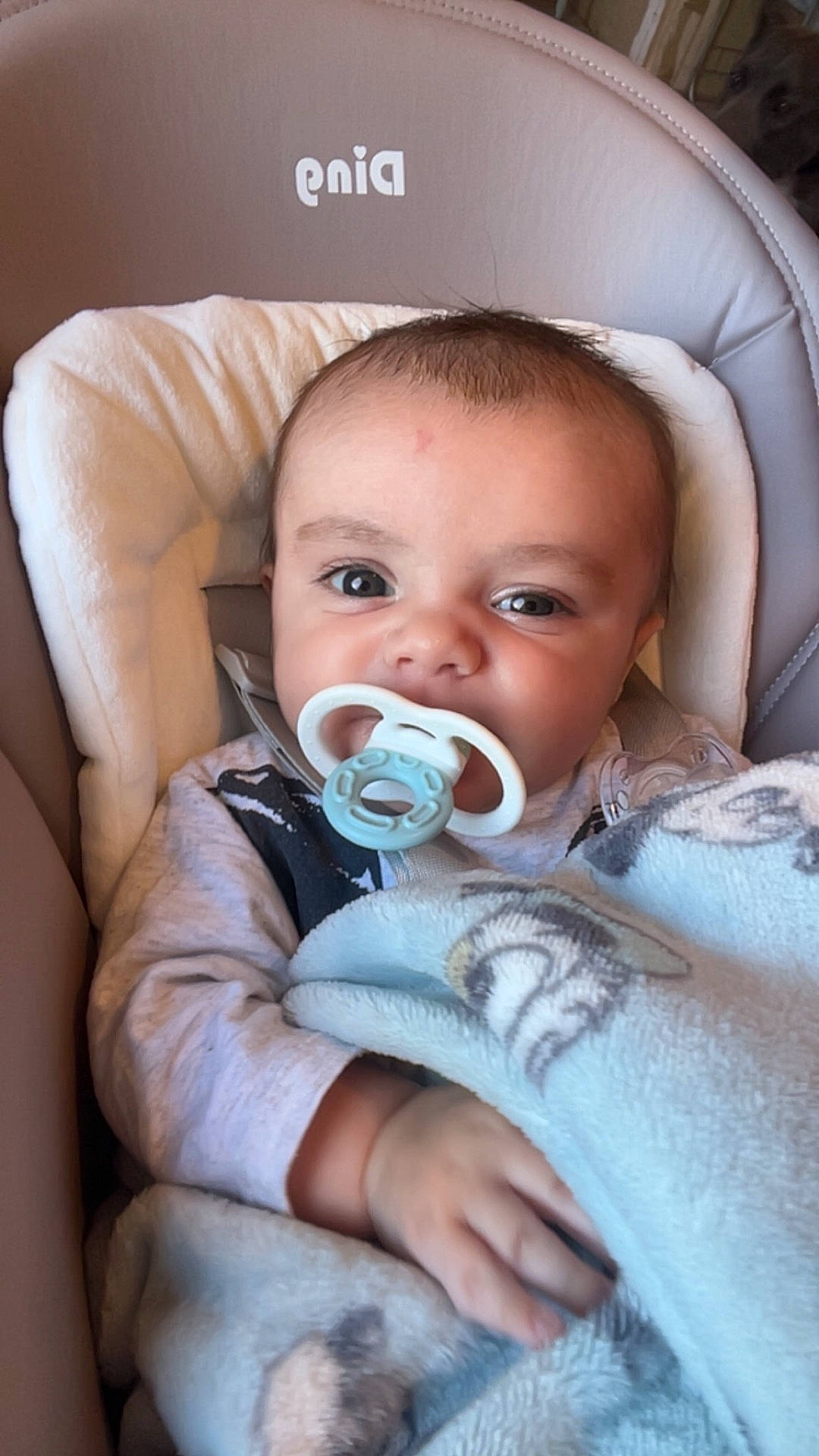 Ayden a rejoint le concours — aidez-le/la à gagner de superbes lots ! baby, baby_chair, blanket, child, closeup, clothing, comfort, cozy, cute, expression, face, hand, indoor, infant, pacifier, pattern, portrait, seated, soft, young