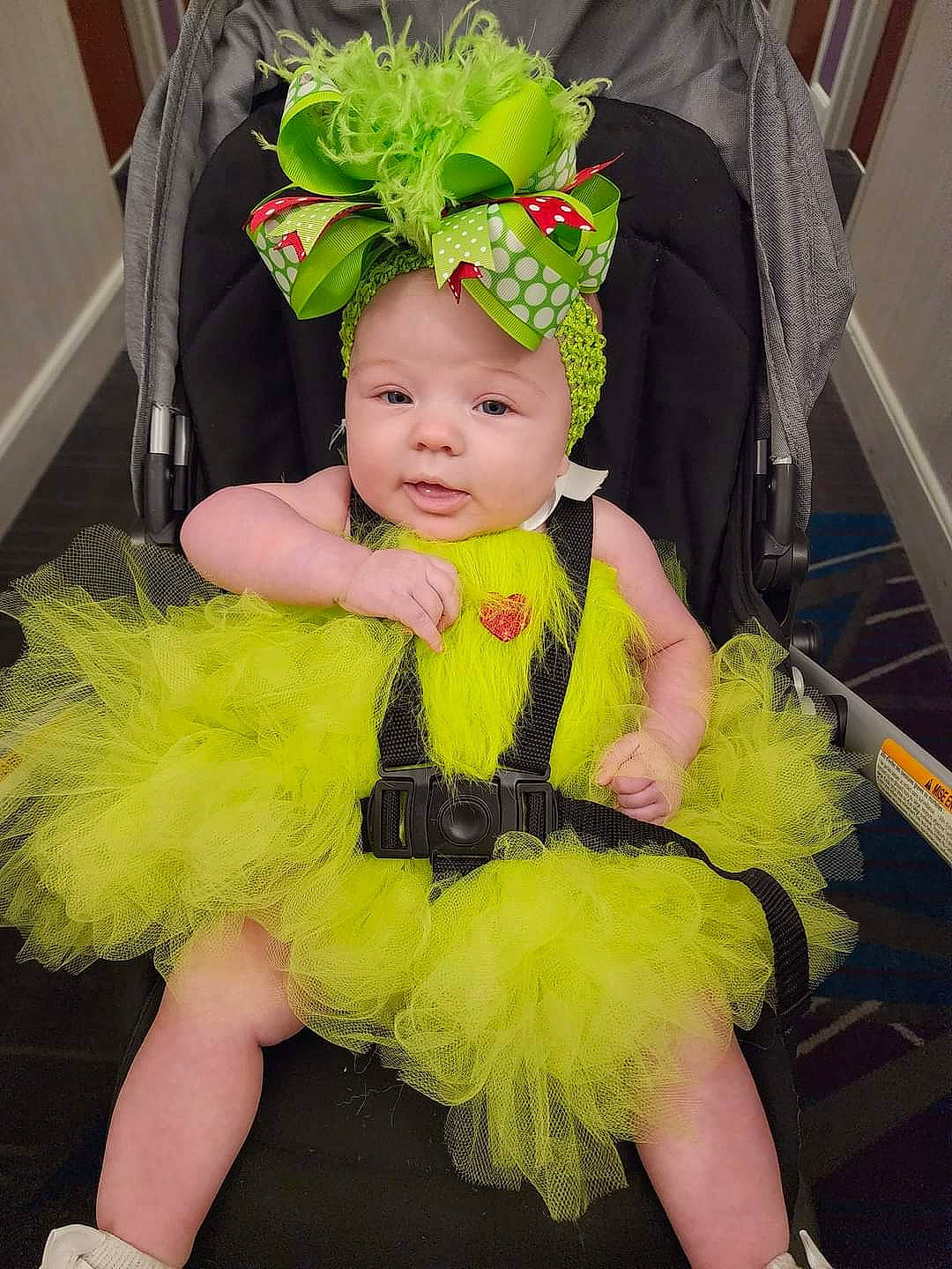 Kinsley joined the competition — help win amazing prizes! baby, baby_products, baby_toddler_clothing, ballet_tutu, costume, costume_accessory, costume_hat, event, fashion_accessory, fun, fur, green, hair_accessory, happy, headband, headpiece, headwear, mythical_creature, person, pink