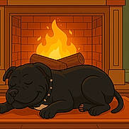 Black a rejoint le concours — aidez-le/la à gagner de superbes lots ! animal, black_dog, cartoon, collar, cozy, dog, fire, fireplace, home, illustration, indoor, logs, pet, resting, rug, sleeping, smiling, spiked_collar, warm, wood_floor