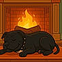 animal, black_dog, cartoon, collar, cozy, dog, fire, fireplace, home, illustration, indoor, logs, pet, resting, rug, sleeping, smiling, spiked_collar, warm, wood_floor