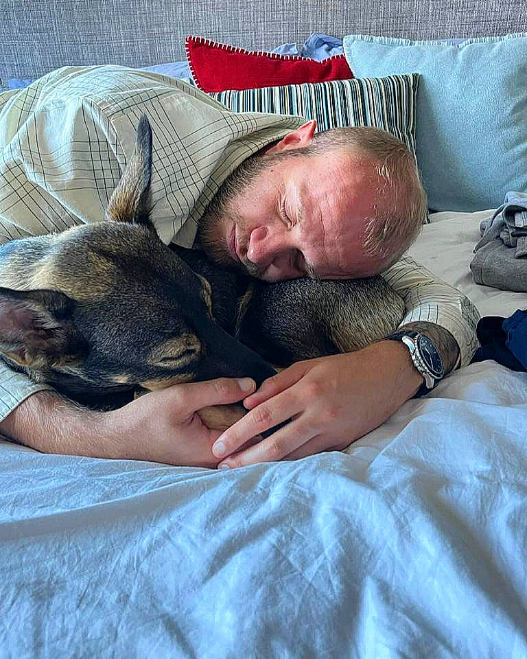 Lilou participe au concours pour gagner de l'argent avec cette photo : beard, bed, bedding, carnivore, clock, comfort, companion_dog, dog, dog_breed, felidae, fur, gesture, head, linens, mammal, nap, skin, textile, watch, wrinkle