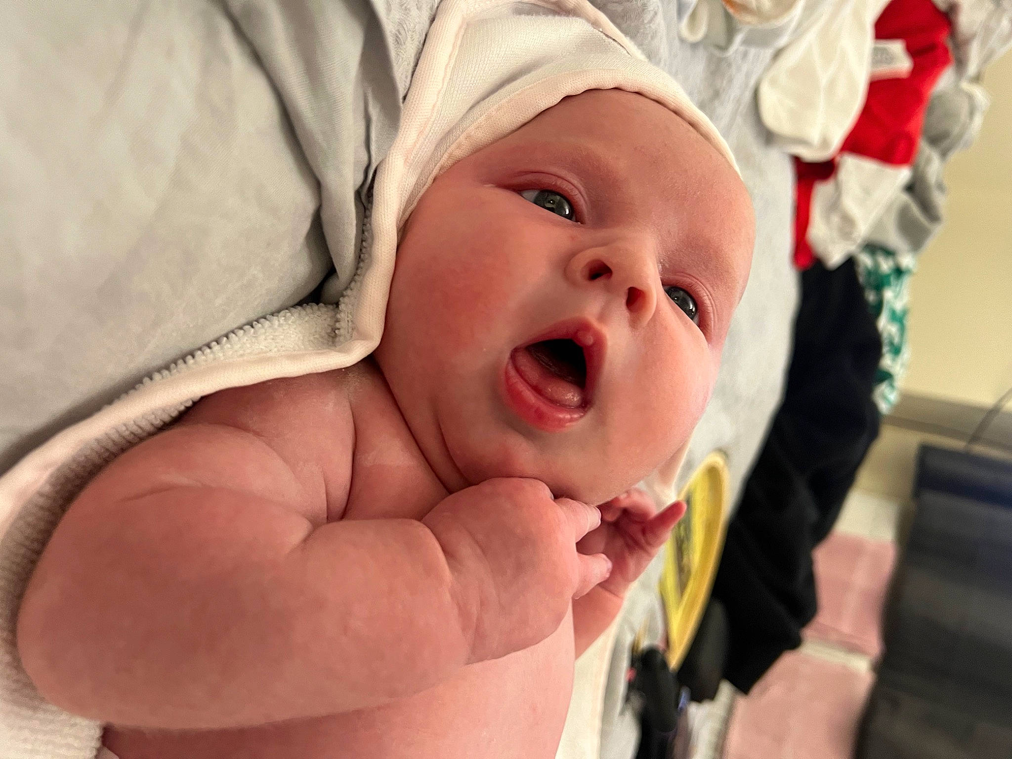 Isla joined the competition — help win amazing prizes! baby, baby_toddler_clothing, cheek, child, comfort, event, eyebrow, finger, gesture, happy, hat, headwear, laugh, lip, mouth, nail, nose, person, skin, smile