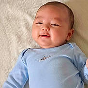 Léo participe au concours pour gagner de l'argent avec cette photo : baby, infant, newborn, blue_onesie, onesie, lying_down, bed_sheet, smiling, chubby_cheeks, face, head, ears, hand, portrait, close_up, skin, happy, camera_watermark, indoor, sleepy_eyes