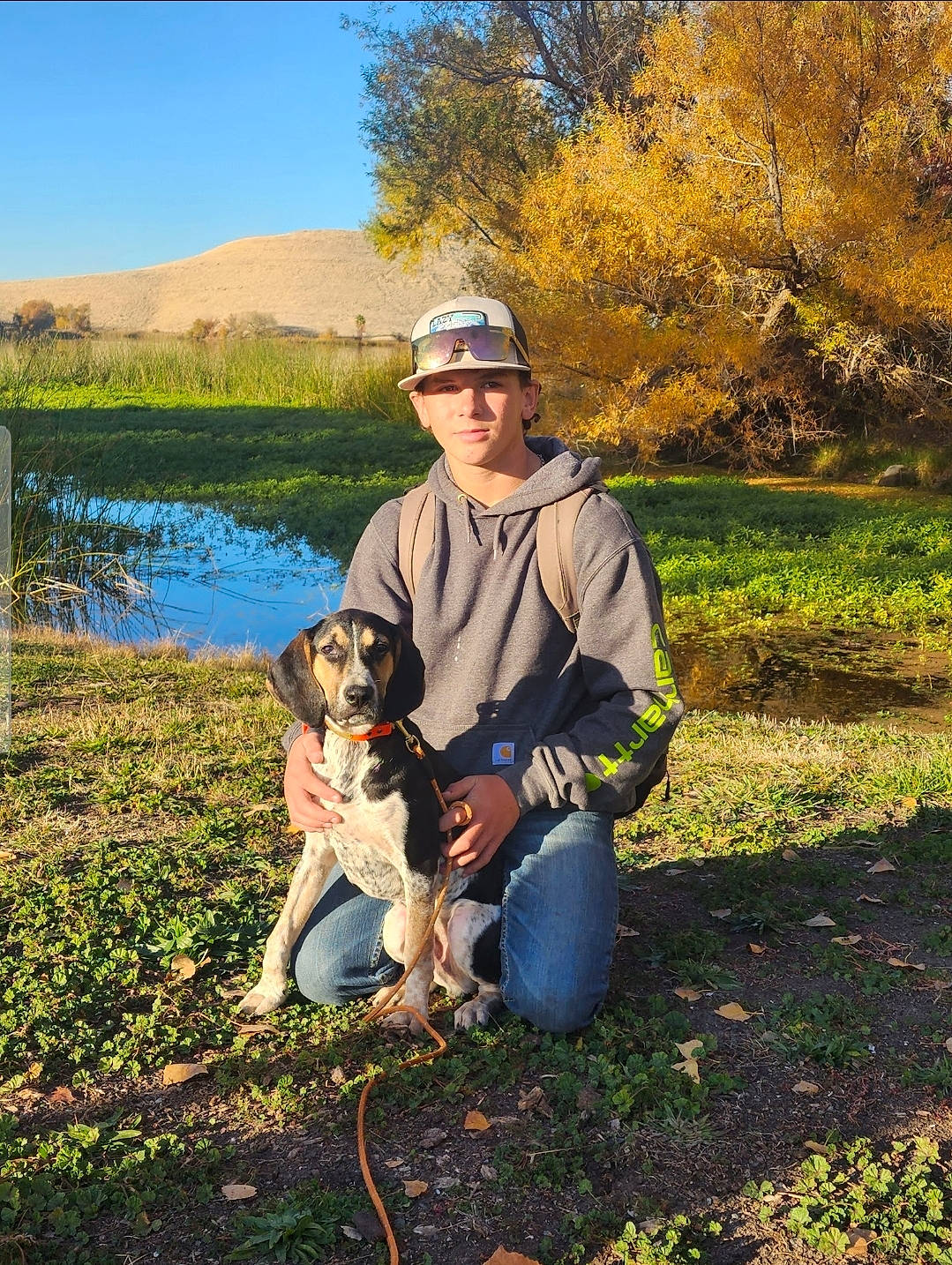 Ranger joined the competition — help win amazing prizes! canidae, carnivore, companion_dog, dog, dog_breed, fawn, grass, grassland, happy, hat, lake, landscape, leisure, people_in_nature, plant, sitting, sky, sporting_group, tree, water