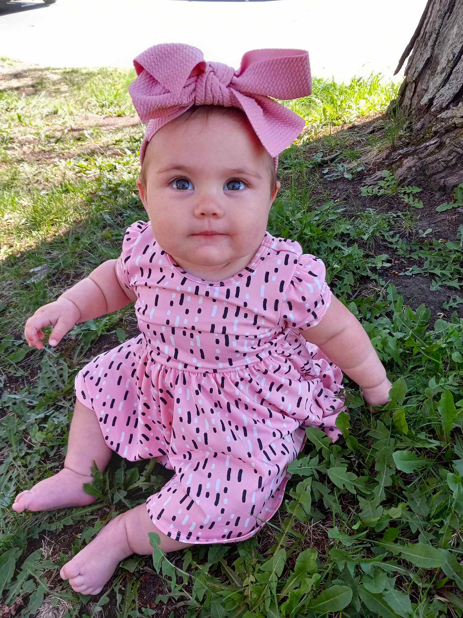 Juniper is registered to the contest to win money with this photo: baby, baby_toddler_clothing, cap, child, fashion_accessory, garden, grass, groundcover, leaf, magenta, outerwear, pattern, people_in_nature, person, pink, plant, sitting, sleeve, terrestrial_plant, toddler
