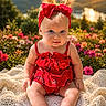 Ember is registered to the contest to win money with this photo: baby, child, red_headband, red_outfit, knitted_blanket, flowers, sunset, outdoor, nature, portrait, blue_eyes, grass, plants, scenic_background, cute, sitting, infant, sunlight, garden, summer
