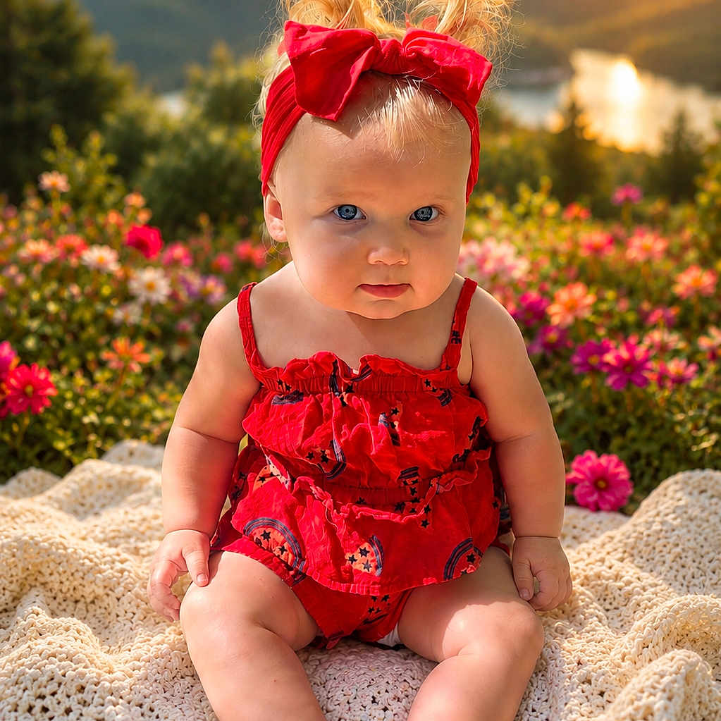 Ember is registered to the contest to win money with this photo: baby, child, red_headband, red_outfit, knitted_blanket, flowers, sunset, outdoor, nature, portrait, blue_eyes, grass, plants, scenic_background, cute, sitting, infant, sunlight, garden, summer
