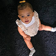 Stallace is registered to the contest to win money with this photo: baby, child, infant, sitting, dress, ruffles, yellow_bow, socks, black_rug, curious, looking_up, cute, indoors, person, portrait, legs, hands, happy, soft_texture, casual_clothing