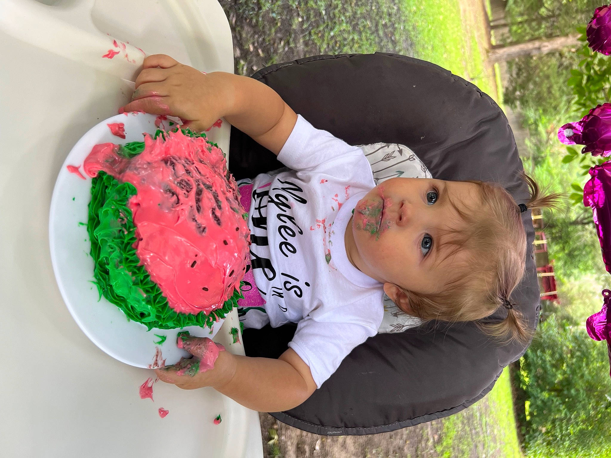 Mylee joined the competition — help win amazing prizes! baby, baby_toddler_clothing, child, dessert, event, food, fun, grass, green, happy, leisure, people_in_nature, person, pink, plant, plate, red, sweetness, tableware, toddler