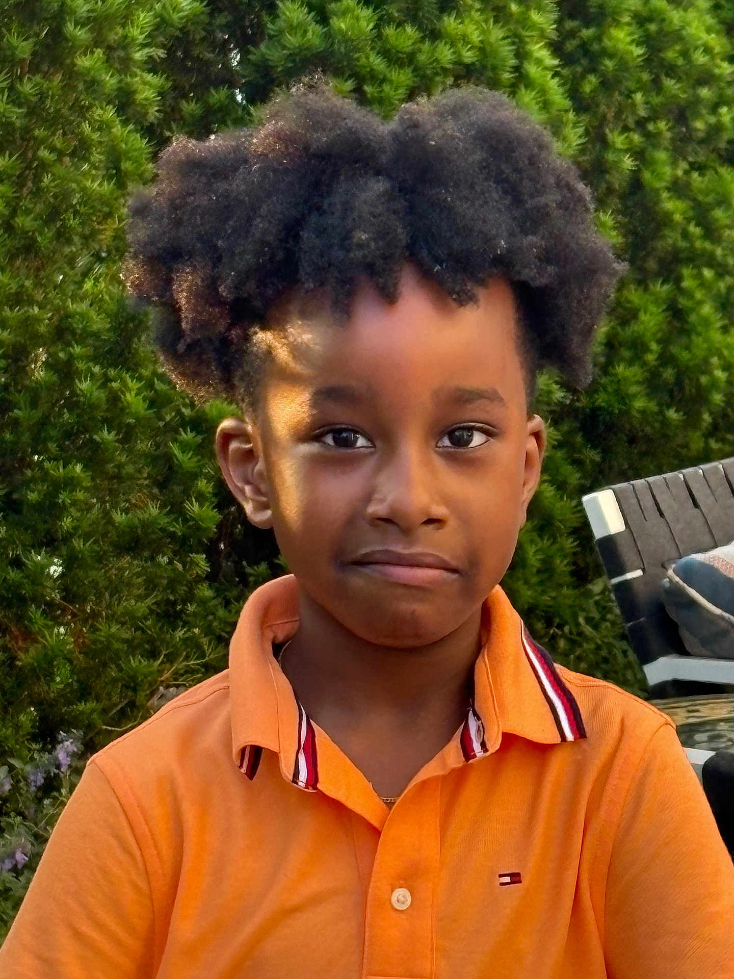 Jace joined the competition — help win amazing prizes! child, boy, outdoor, greenery, tree, face, portrait, expression, hair, orange_shirt, collar, casual_clothing, nature, daylight, person, young, standing, serious, candid, background