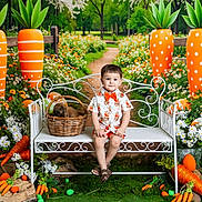 Jensen is registered to the contest to win money with this photo: basket, bench, boy, bunny, carrot, child, cute, decorative, flowers, garden, grass, greenery, nature, orange, outdoor, portrait, smile, spring, toddler, white