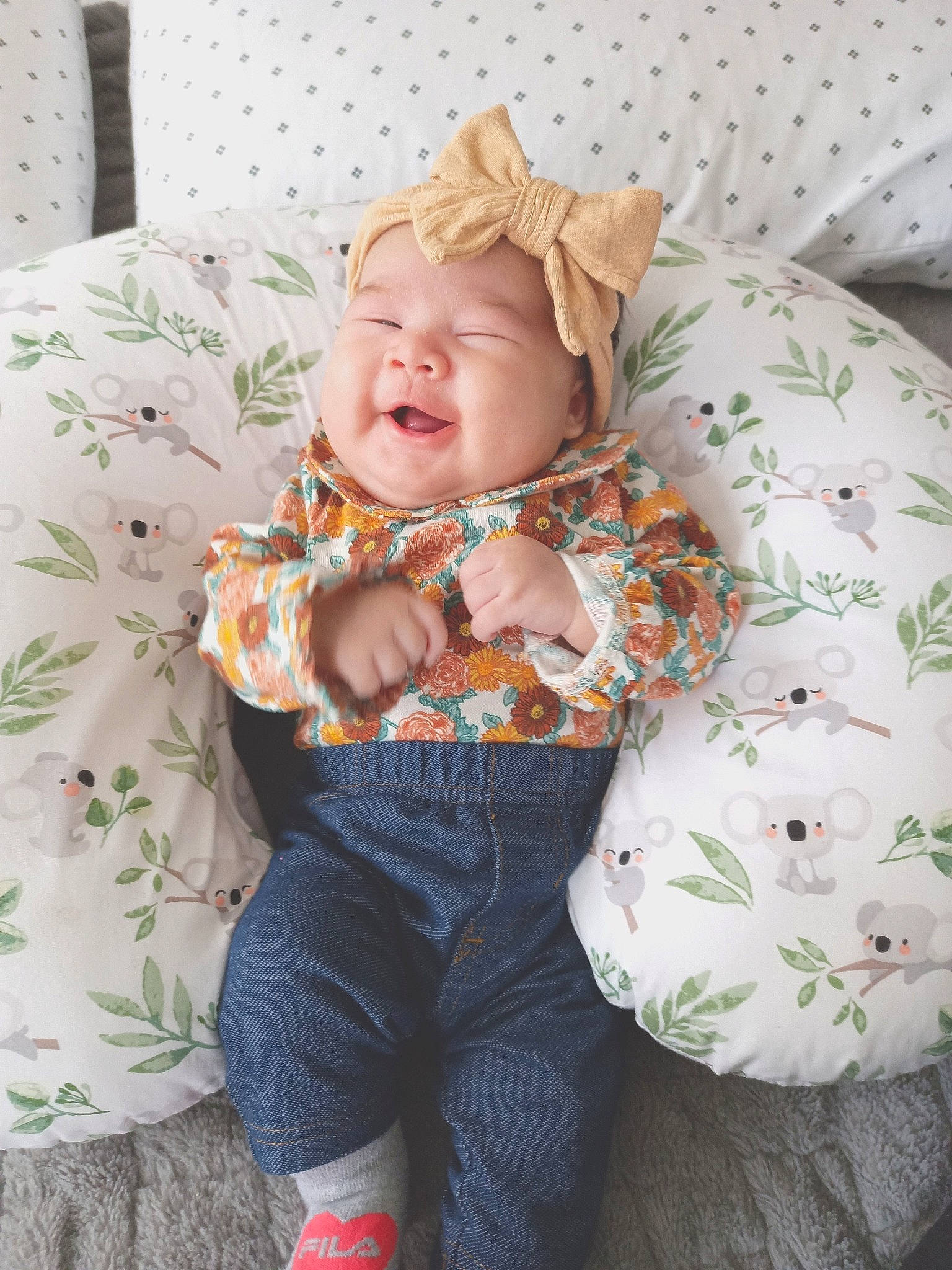 Salomé joined the competition — help win amazing prizes! baby, baby_toddler_clothing, bedding, child, collar, comfort, denim, face, happy, headwear, linens, pattern, person, plaid, sitting, skin, sleeve, smile, t_shirt, textile