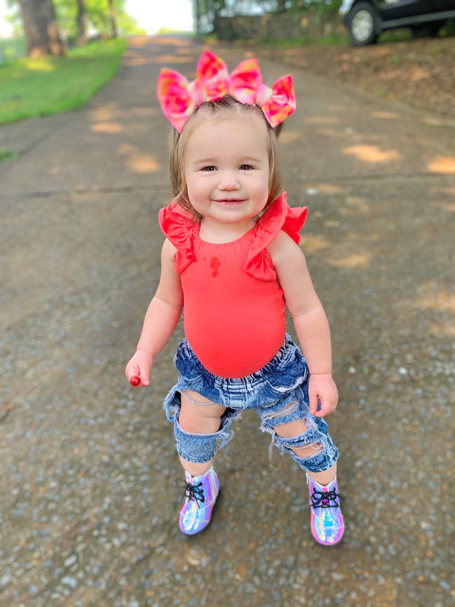 Ruby Cate joined the competition — help win amazing prizes! baby, baby_toddler_clothing, fun, grass, hairstyle, happy, head, headband, joy, magenta, mammal, pattern, people, people_in_nature, person, pink, sleeve, smile, summer, tire