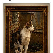 Cali joined the competition — help win amazing prizes! animal, black, brown, cat, ears, feline, framed_art, gallery, indoor, ornate_frame, painting, paws, portrait, screenshot, standing, tabby, vintage, whiskers, white, wooden_frame