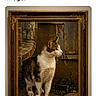 animal, black, brown, cat, ears, feline, framed_art, gallery, indoor, ornate_frame, painting, paws, portrait, screenshot, standing, tabby, vintage, whiskers, white, wooden_frame