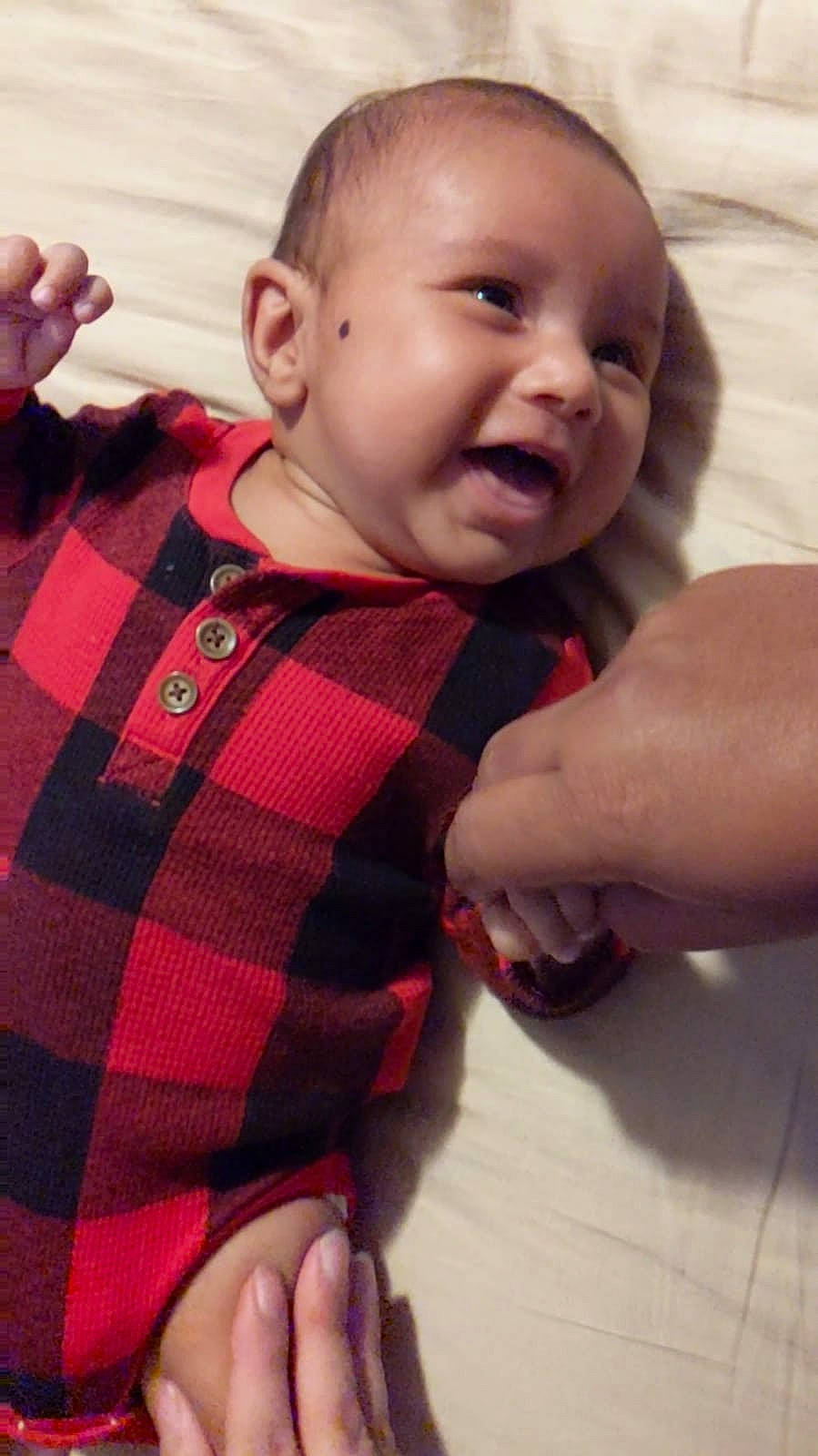 Teddy joined the competition — help win amazing prizes! baby, baby_toddler_clothing, cheek, child, ear, finger, hand, lip, muscle, nail, pattern, person, plaid, skin, tartan, textile, thumb, toddler, tooth, wool