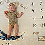 baby, infant, blanket, crescent_moon, floral_design, toy, smiling, leopard_print, onesie, milestone_blanket, numbers, star, months, lying_down, headband, blue, gold, white_background, cute, child