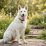 D.o.g joined the competition — help win amazing prizes! dog, white_dog, sitting, outdoor, garden, flowers, greenery, stone_path, sunlight, happy, tongue_out, nature, pet, collar, daylight, canine, grass, summer, animal, portrait