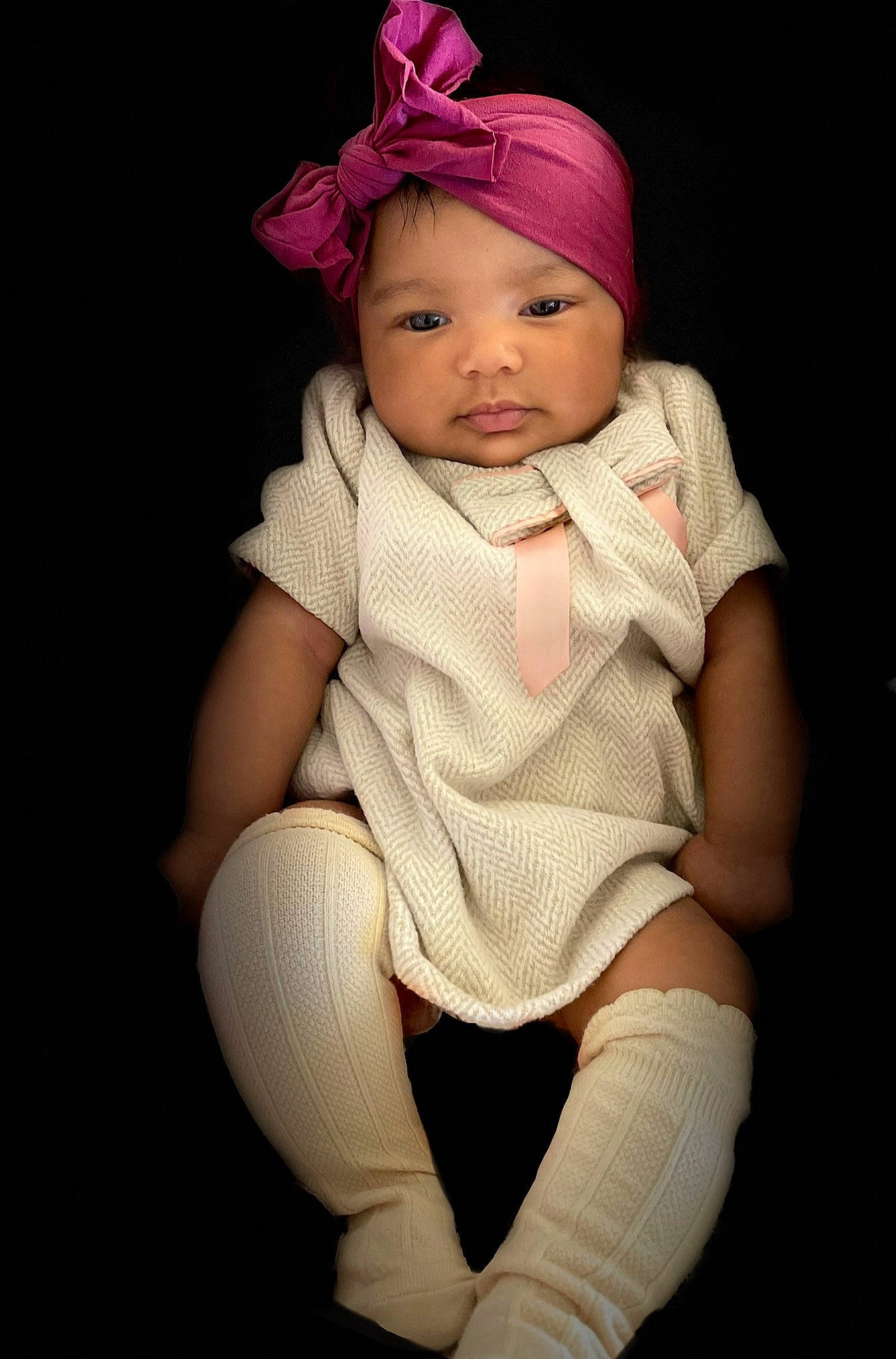 Liana is registered to the contest to win money with this photo: baby, baby_toddler_clothing, cap, costume_hat, dress, eye, flash_photography, hair, head, headgear, headwear, human, human_body, iris, knee, lip, neck, person, skin, sleeve