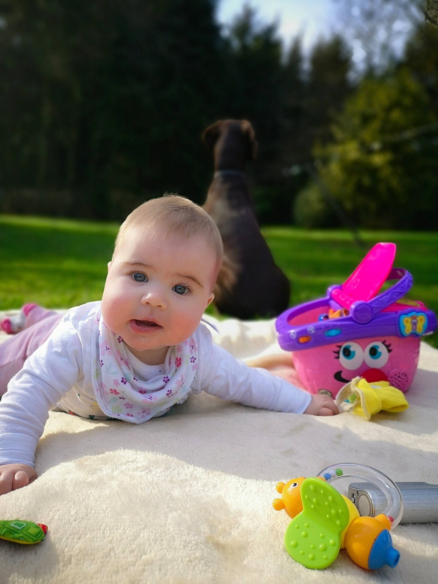 Aria-rose joined the competition — help win amazing prizes! baby, baby_playing_with_toys, baby_toys, child, grass, person, pink, play, skin, toddler, toy, tummy_time