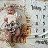 age_marker, animal_illustration, baby, blanket, boots, celebration, child, clothing, cow_print, cute, decorative, floral, happy, headband, indoor, infant, lying_down, months, portrait, smiling