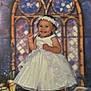 Raiden is registered to the contest to win money with this photo: toddler, child, smile, white_dress, headband, shoes, standing, happy, portrait, indoor, background, stained_glass, window, celebration, cute, person, fashion, dress, baby, fun