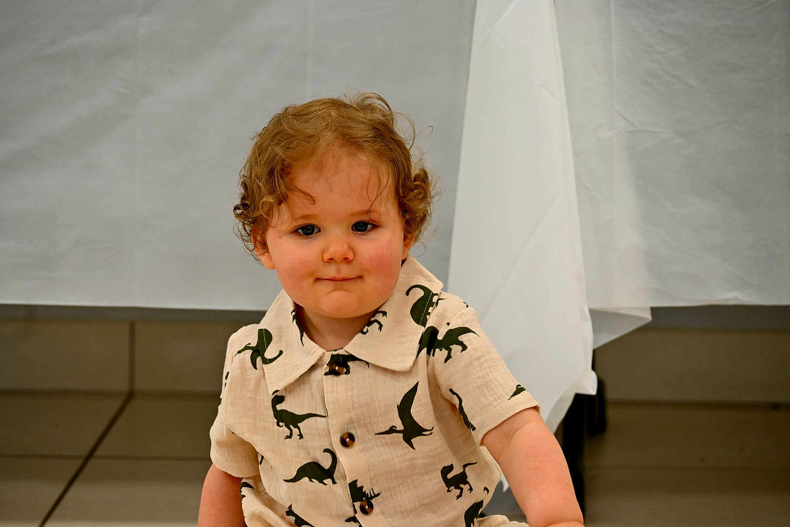 Leyann a rejoint le concours — aidez-le/la à gagner de superbes lots ! toddler, child, curly_hair, dinosaur_print, shirt, sitting, floor, tiles, indoor, portrait, smile, cute, young_child, person, casual_clothing, short_sleeve, buttoned_shirt, neutral_background, white_cloth, curious_expression