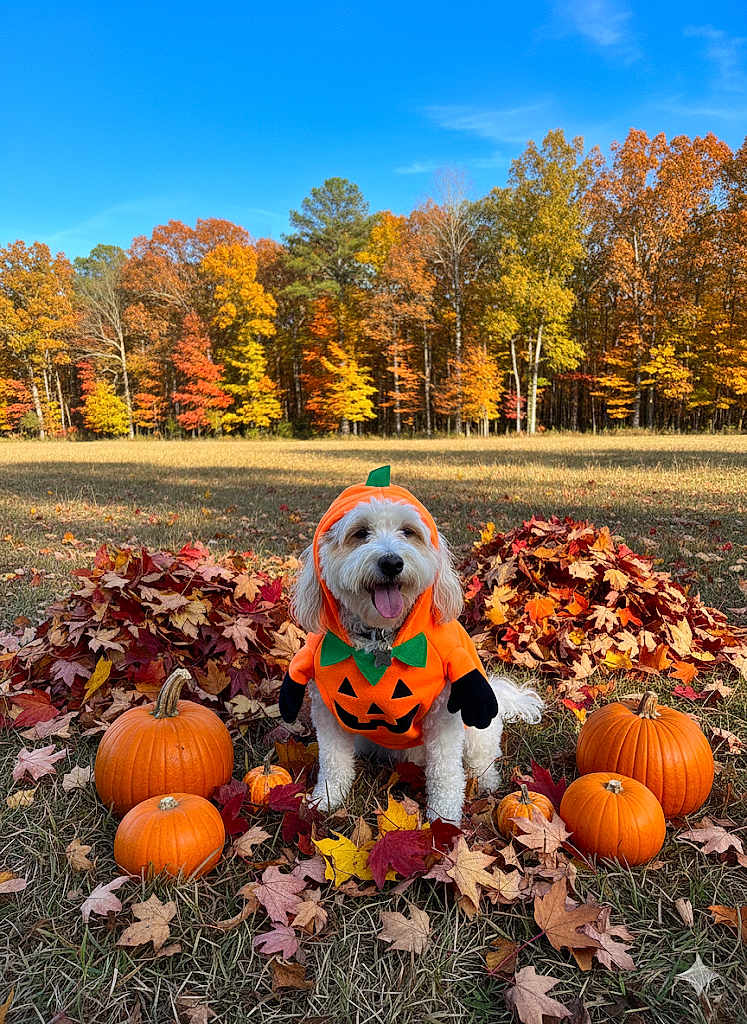 Murphy is registered to the contest to win money with this photo: dog, pumpkin_costume, autumn, fall_leaves, pumpkins, outdoor, grass, trees, blue_sky, smiling_dog, cute, festive, seasonal, costume, leaf_pile, nature, pet, holiday, happy, canine