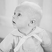 Ryatt joined the competition — help win amazing prizes! baby, child, portrait, black_and_white, curious, sailor_outfit, young_child, innocence, soft_focus, closeup, face, eyes, cute, infant, expression, monochrome, clothing, person, head, looking_up