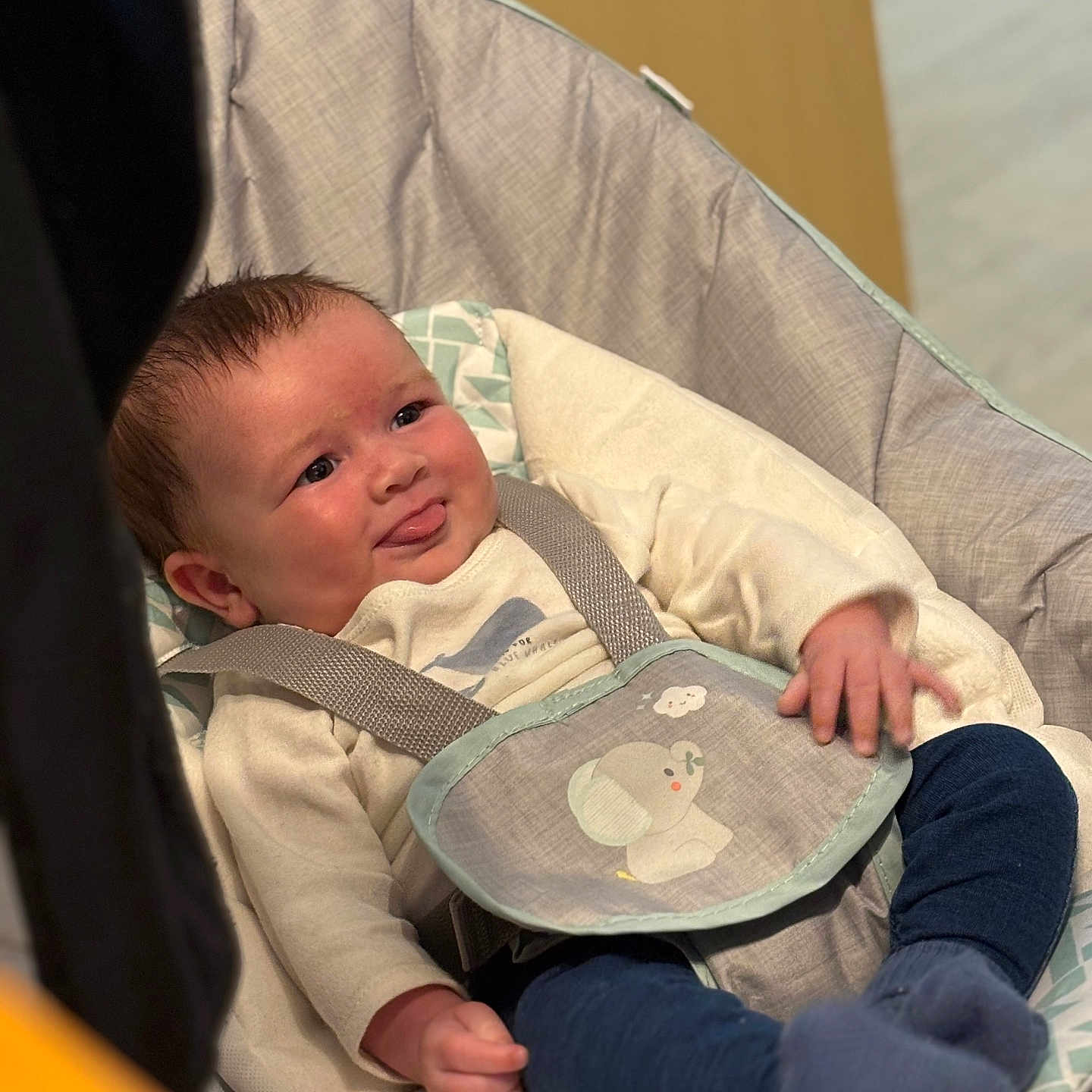 Enzo-Hency joined the competition — help win amazing prizes! baby, baby_seat, child, clothing, comfort, cushion, cute, face, hand, harness, indoor, infant, infant_clothing, person, playful, seat, smile, socks, tongue, young